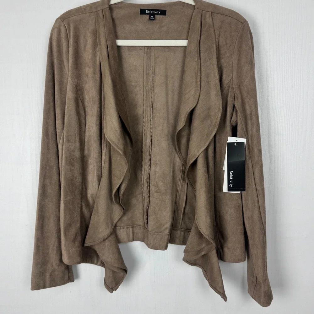 Relativity Women's Draped Faux‎ Suede Waterfall Jacket M Dark Stone Brown